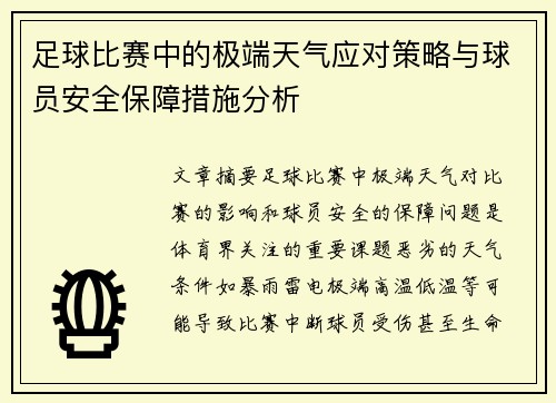 足球比赛中的极端天气应对策略与球员安全保障措施分析